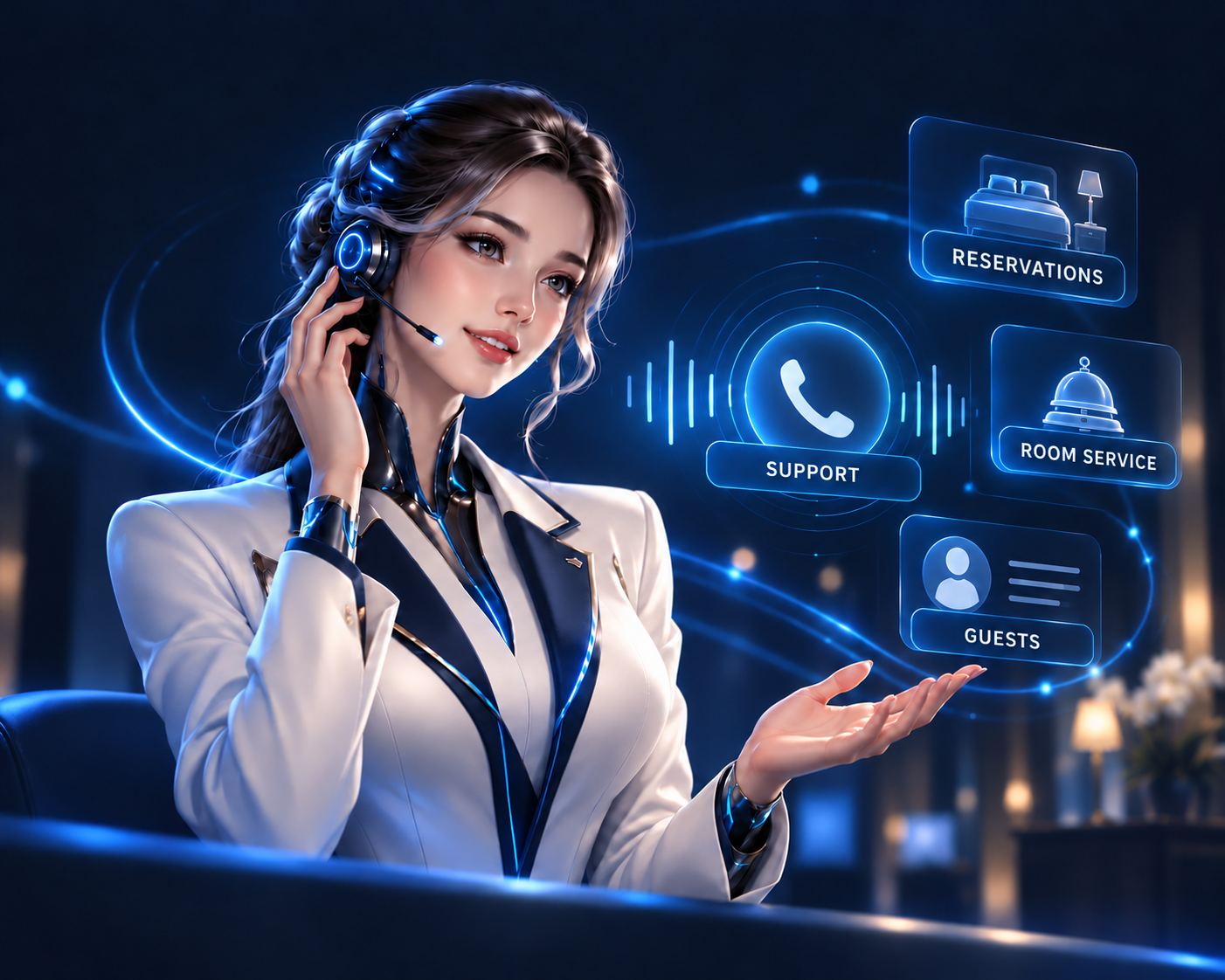 LIA hotel concierge voice agent connecting guests with reservations, room service, and support.