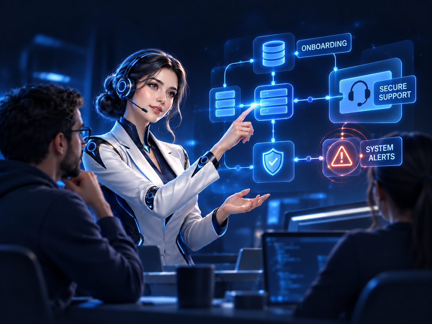 Holographic LIA support agent presenting onboarding, secure support, and system alerts to a team.