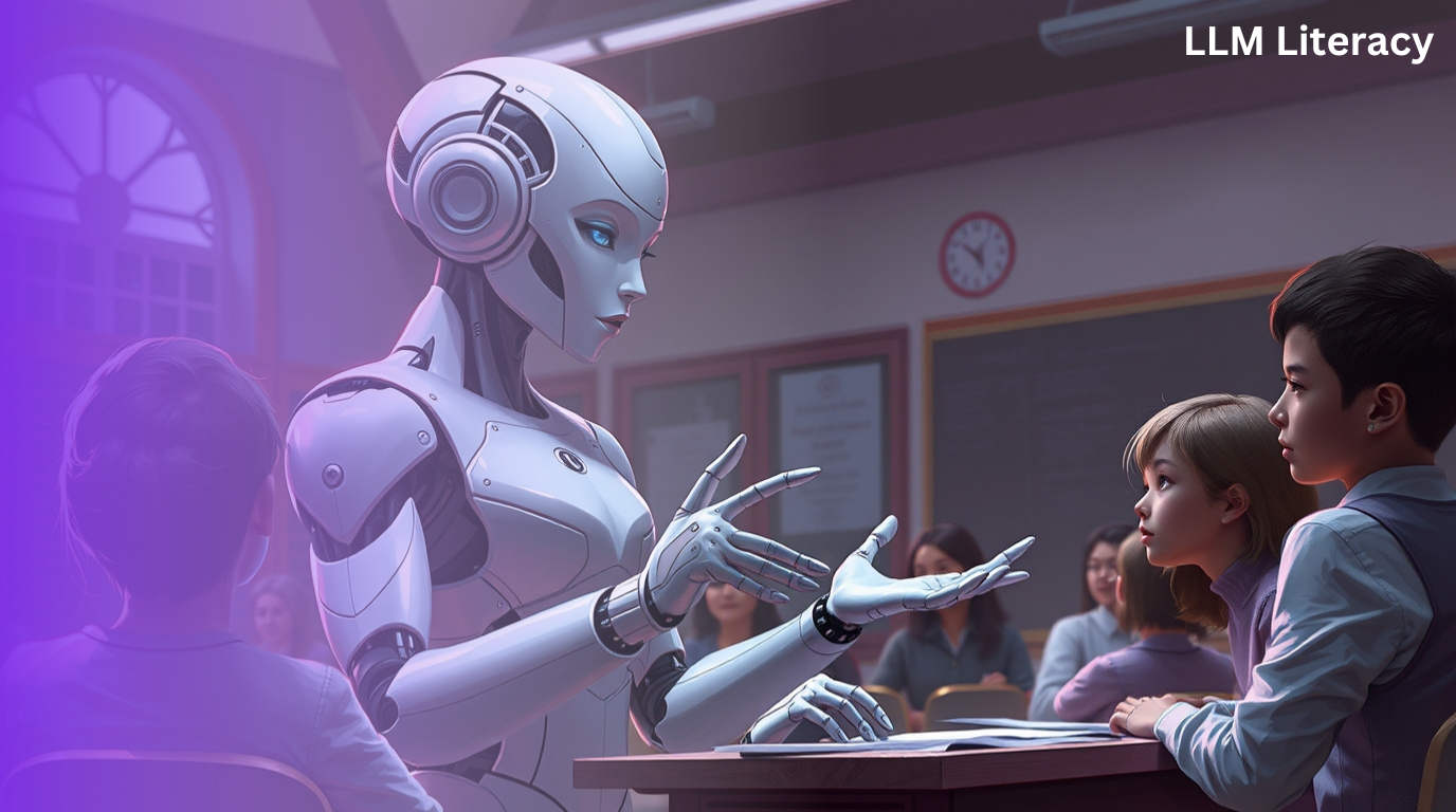 Futuristic classroom scene with a robot teacher explaining to attentive students