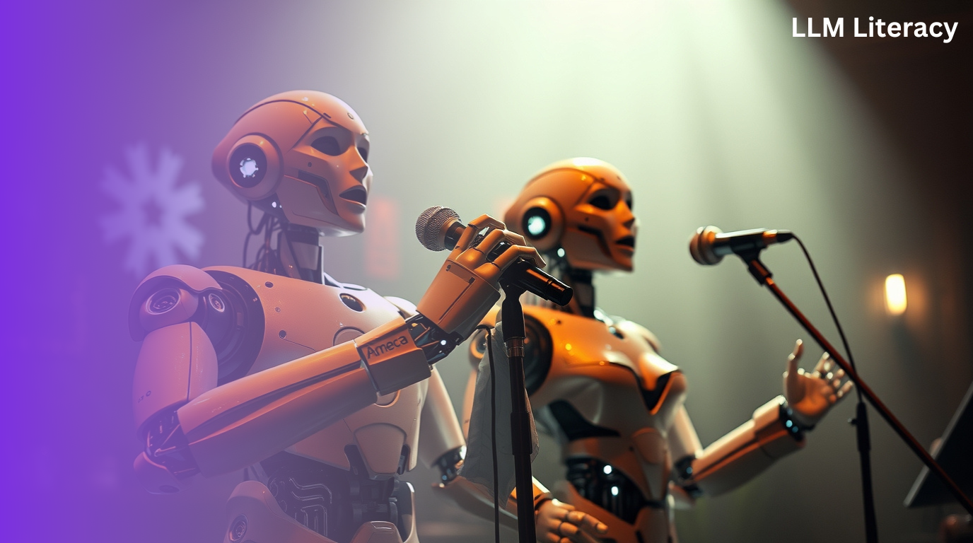 AI robots performing music on stage, illustrating the intersection of artificial intelligence and creative arts