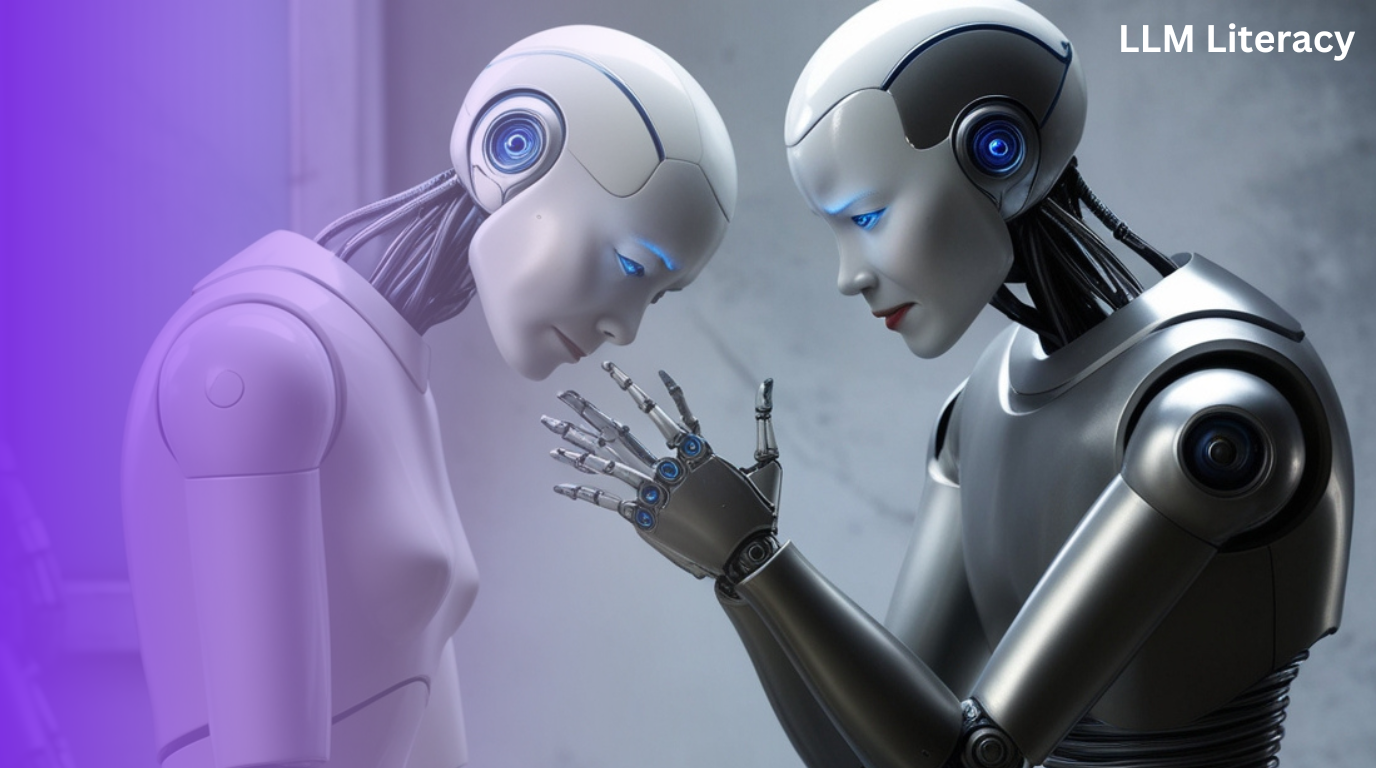 Two AI robots in conversation, with one gesturing to the other, set against a purple and gray backdrop