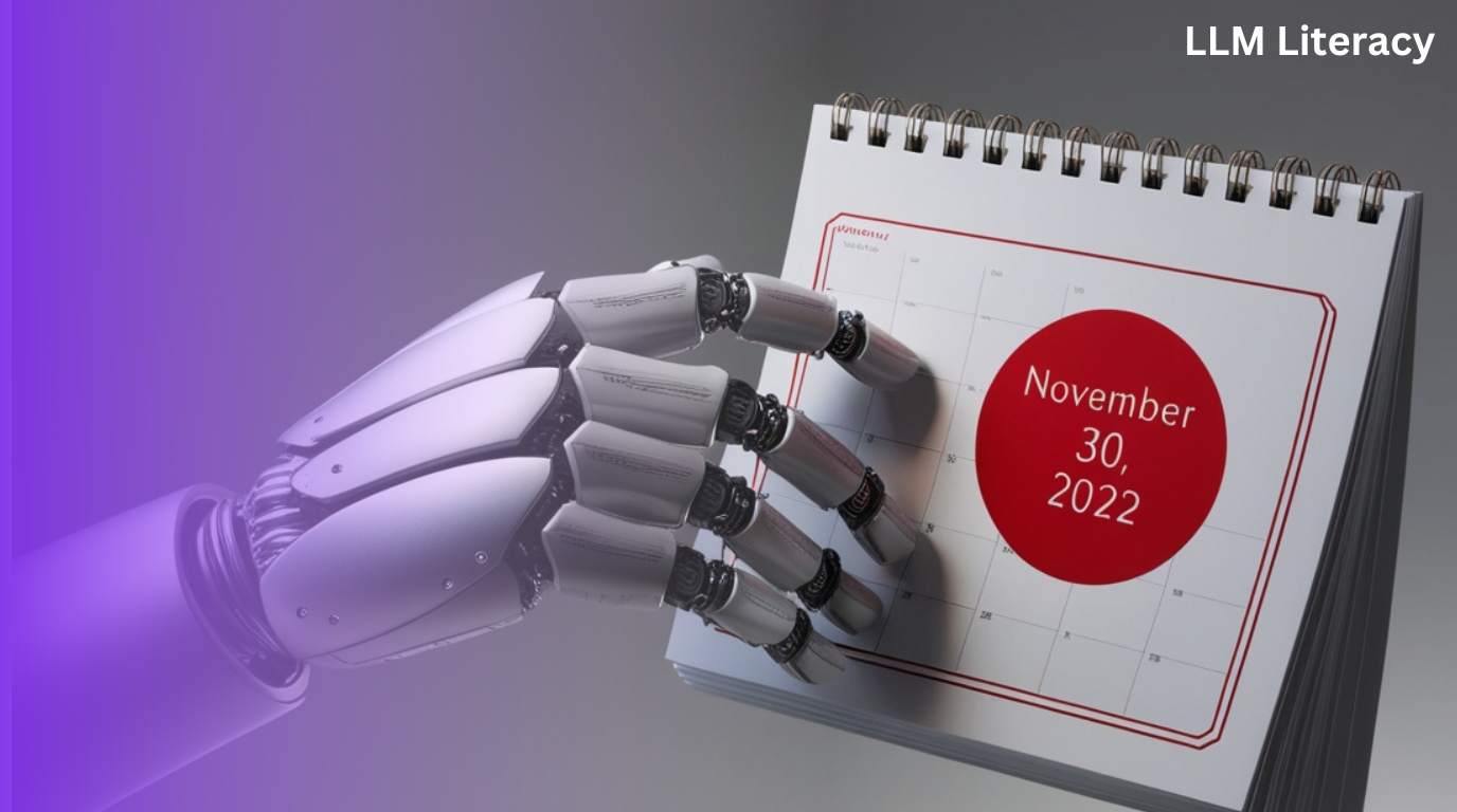 A robotic hand pointing to a calendar showing November 30, 2022, marking the release date of ChatGPT