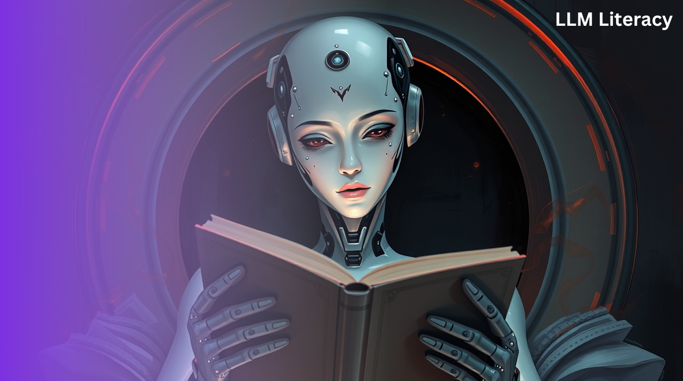 AI literacy concept: An AI entity reading a book, symbolizing the future of learning and literacy in the age of artificial intelligence