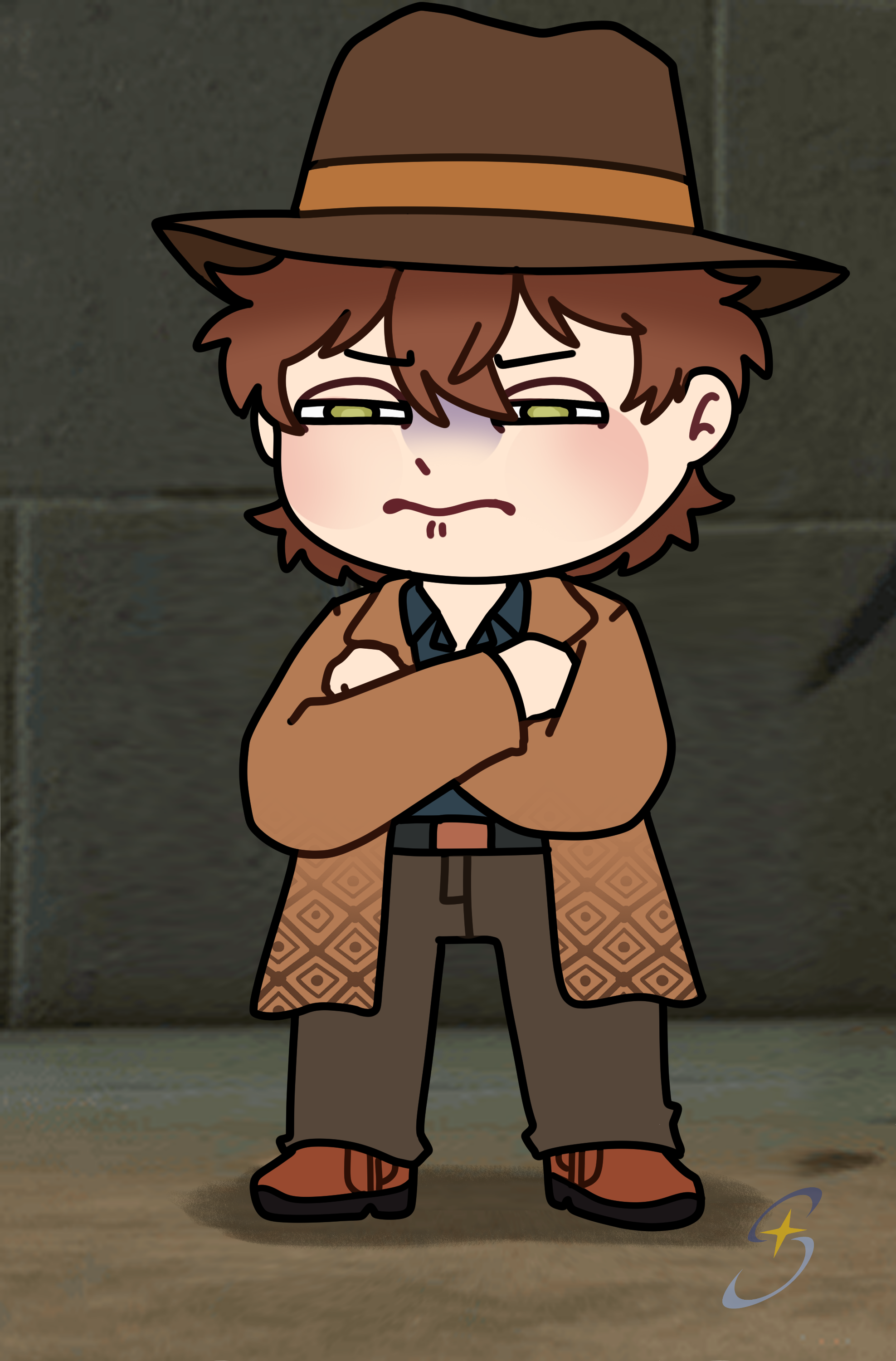 LION en versión chibi con brazos cruzados y mirada escéptica.
