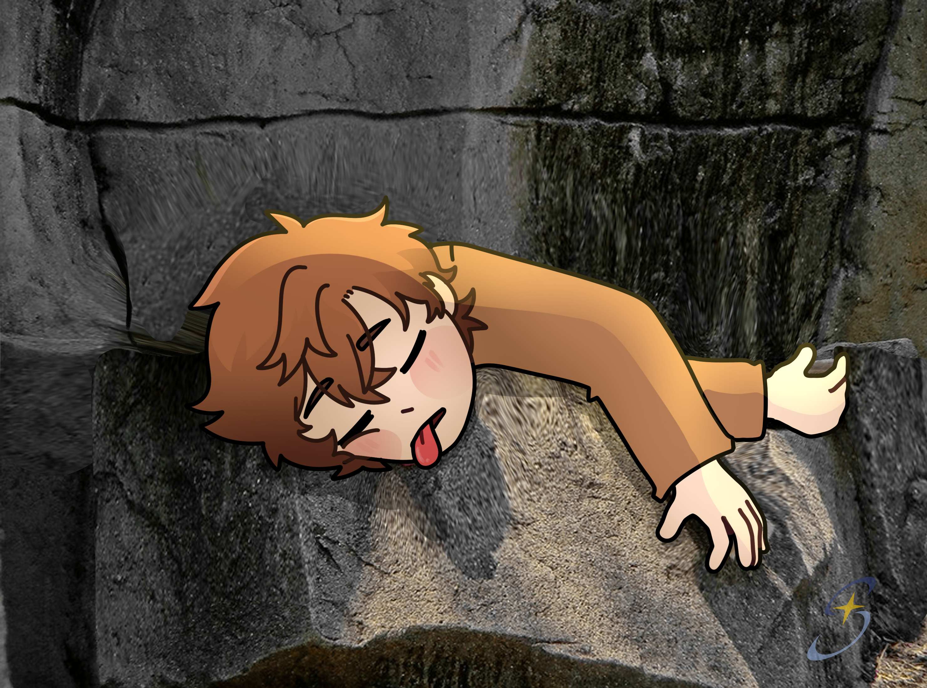 LION desplomado sobre un muro de piedra, con los brazos extendidos y la lengua fuera.