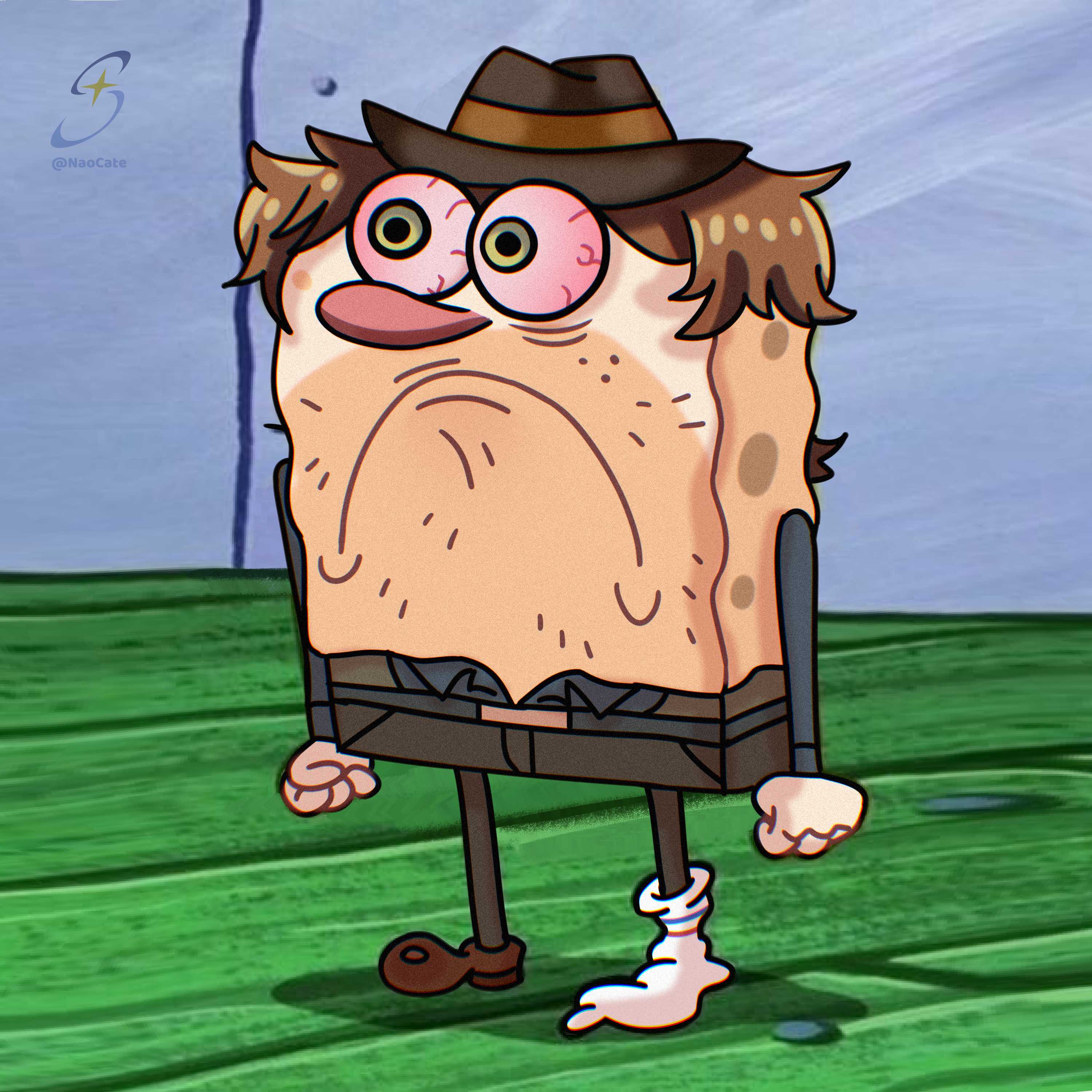 LION convertido en Bob Esponja con ojos cansados, sombrero y chaleco; firma de NaoCate.