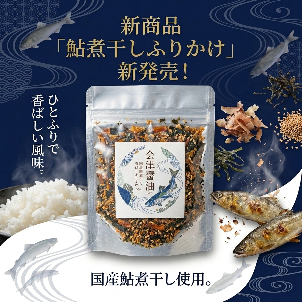 新商品「鮎煮干しふりかけ」新発売。会津醤油、国産鮎煮干し使用。ひとふりで香ばしい風味。