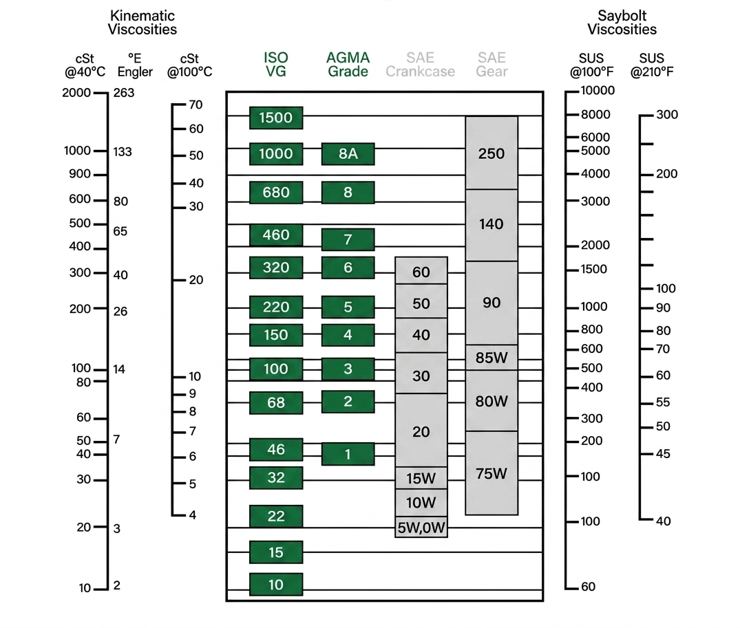 Viscosity Chart showing relationships between Kinematic Viscosities (cSt @40°C, °E Engler, cSt @100°C), ISO VG, AGMA Grade, SAE Crankcase, SAE Gear, and Saybolt Viscosities (SUS @100°F, SUS @210°F)