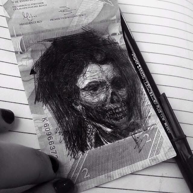 La propuesta - Billete intervenido con dibujo artístico