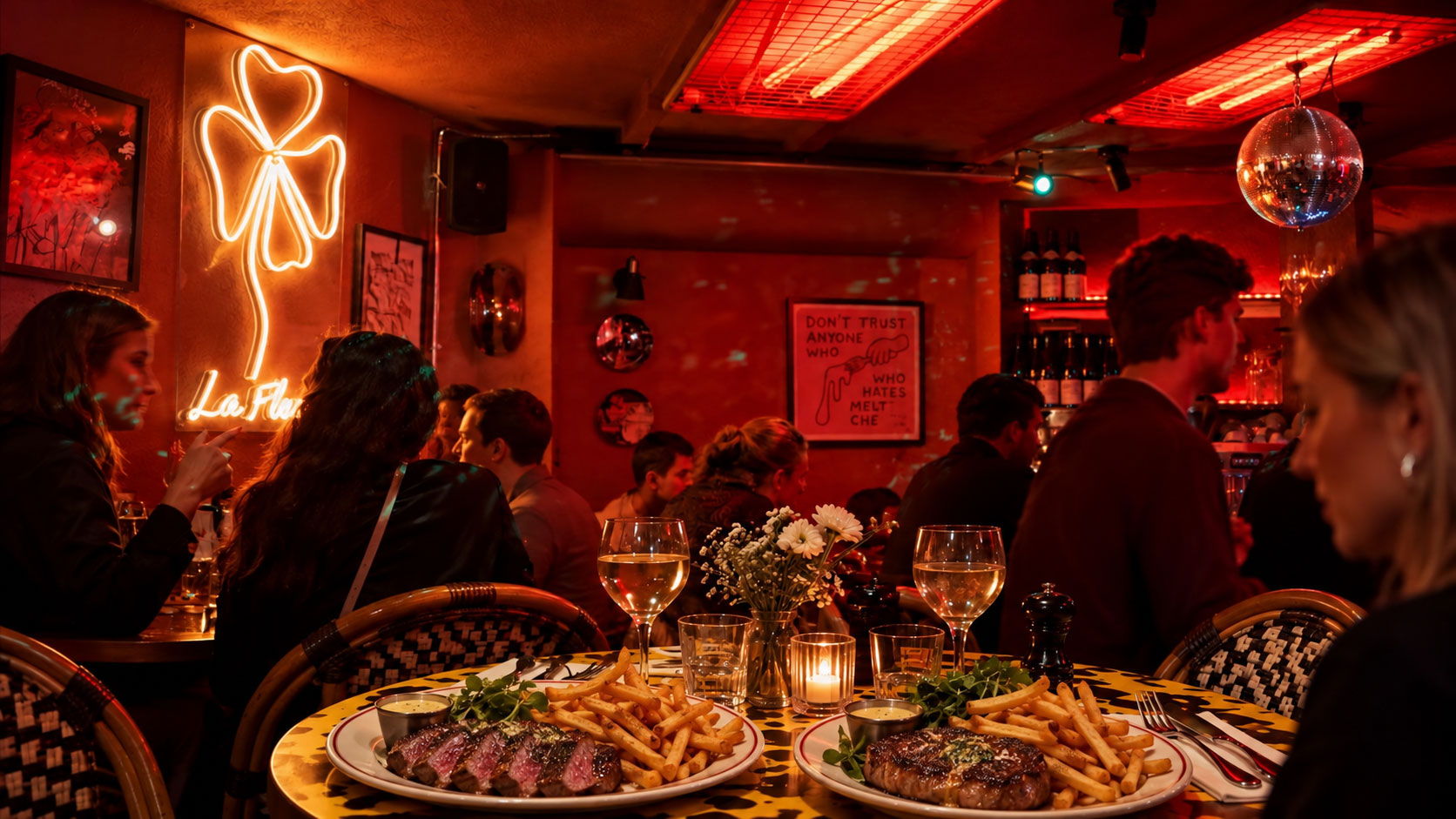 Gäster njuter av steak frites på La Fleur i en varm, röd restaurangatmosfär
