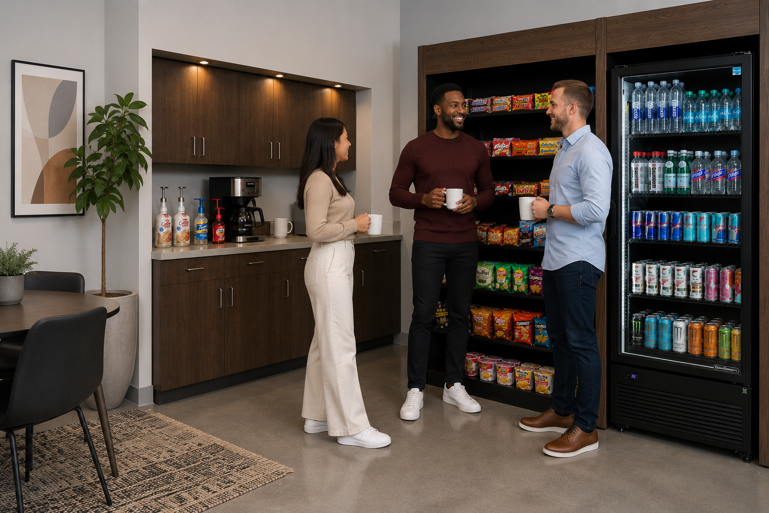 Colleagues chatting in premium breakroom