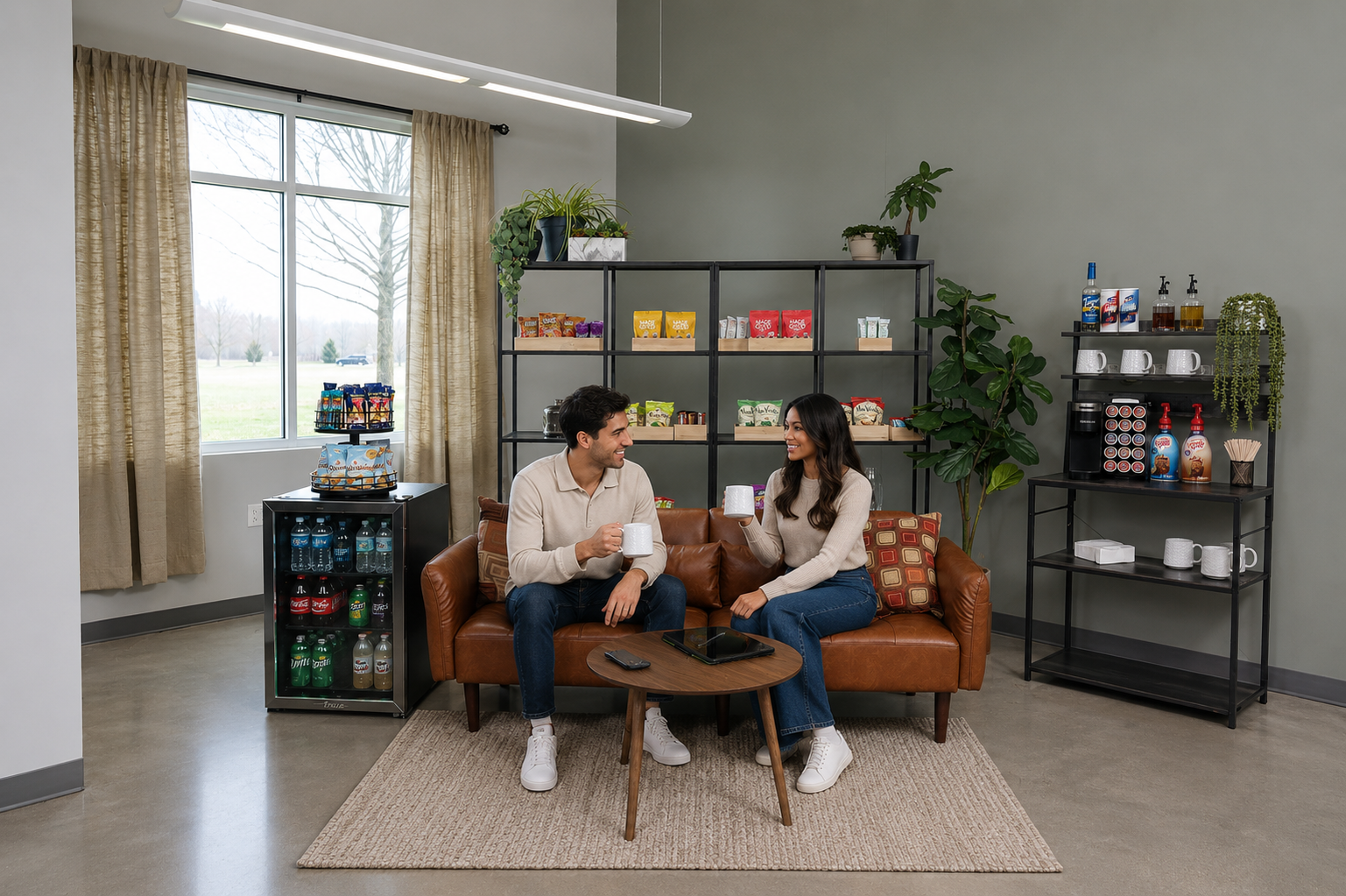 Cozy lounge breakroom with coffee and snacks
