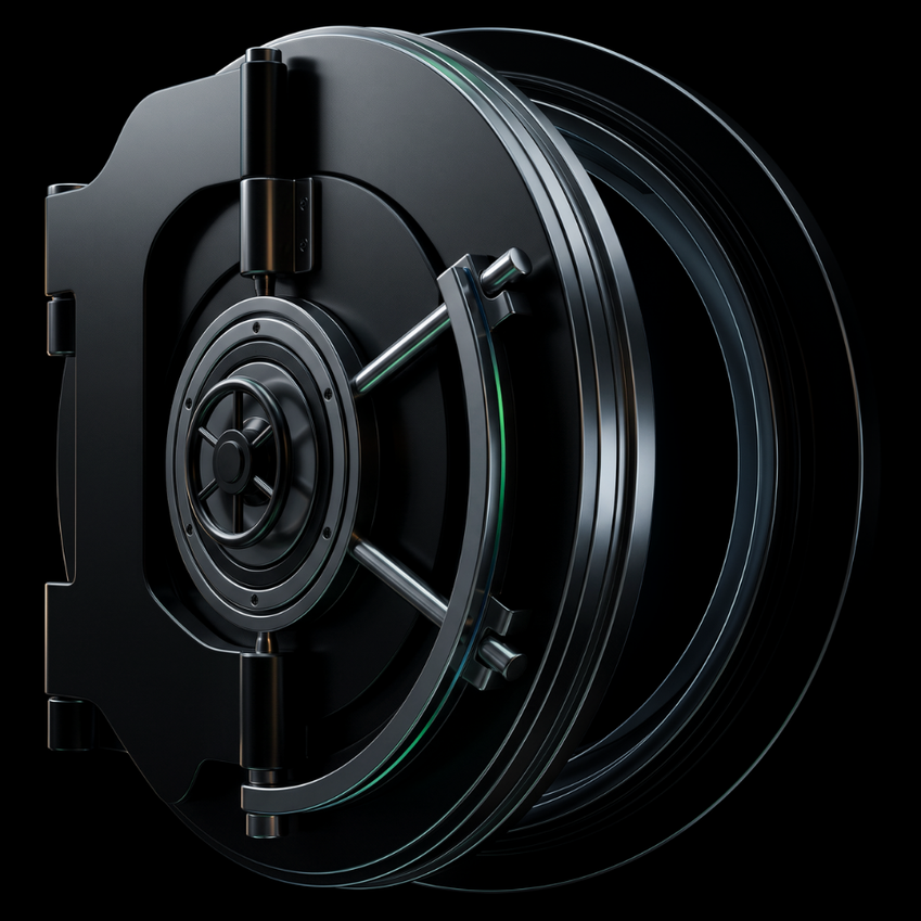 Black circular vault door with green metallic accents