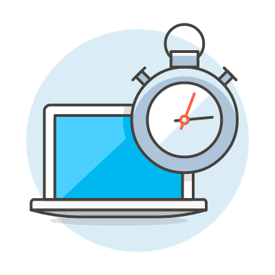 Laptop with stopwatch icon representing GoCash's quick decision-making process that delivers outcomes in seconds