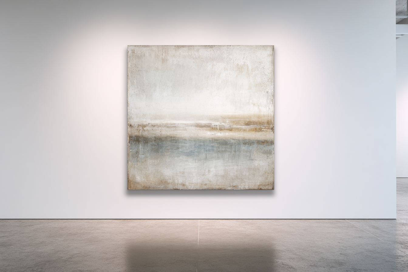 Square coastal with warm cream-ochre tones and subtle blue horizon