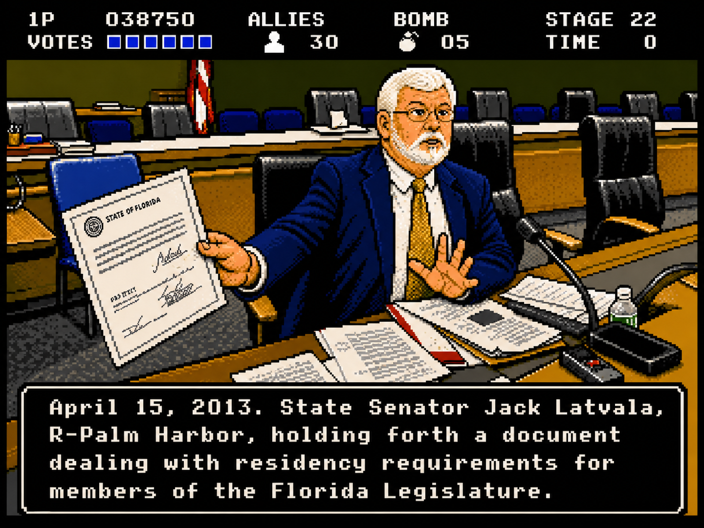 State Senator Jack Latvala, R-Palm Harbor, holding a document dealing with residency requirements for members of the Florida Legislature, April 15, 2013.