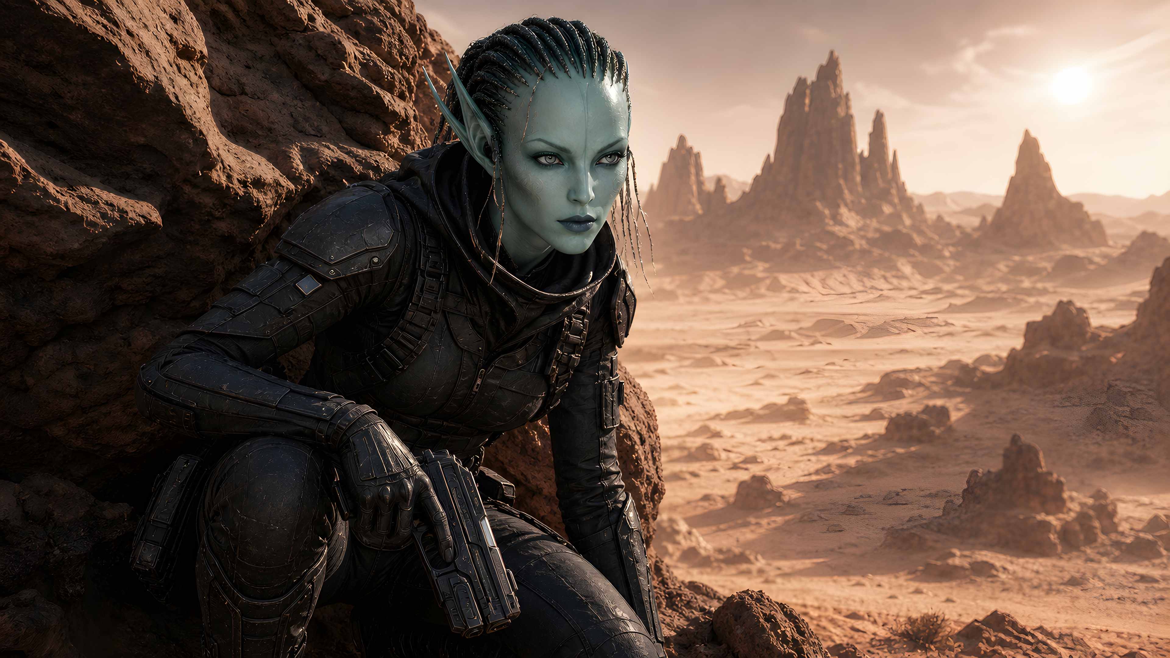 Commander Lavari Yanis in tactical reconnaissance pose, perched on a rocky outcrop in black tactical armor with harness gear, pale blue skin, pointed ears, and intricately braided teal-toned hair, overlooking a vast alien desert landscape with towering rock spires