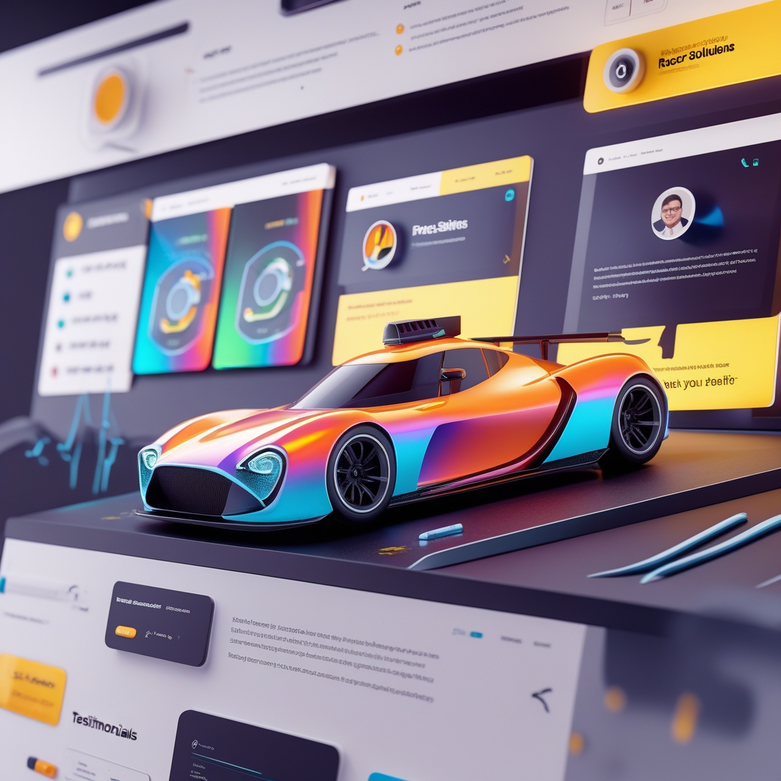 3D visualization of a portfolio website with a vibrant sports car