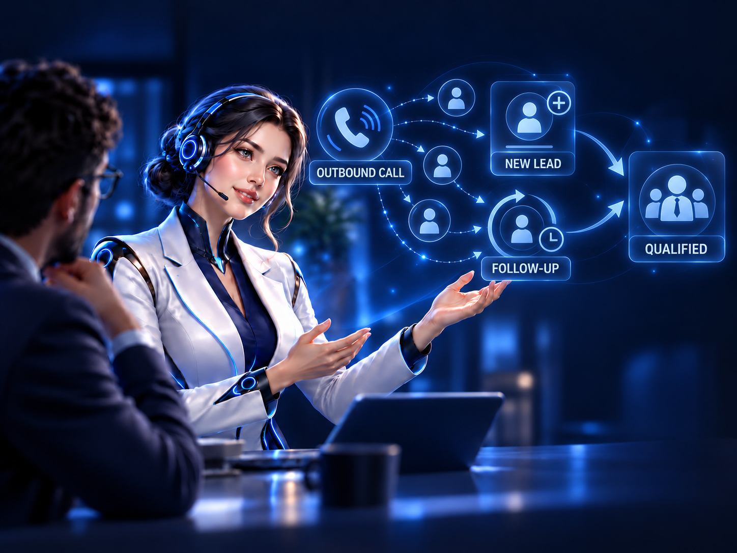 LIA lead-generation voice agent diagram illustrating outbound calls, follow-ups, and qualified leads.