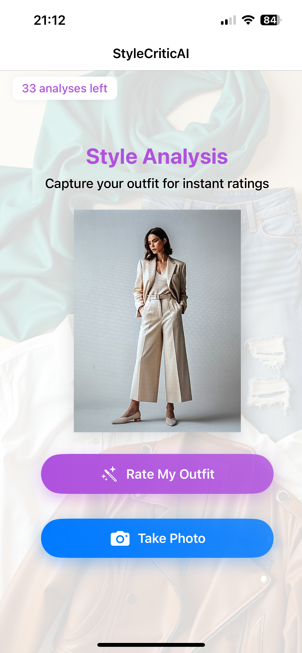 StyleCriticAI app interface showing outfit analysis with cream pantsuit