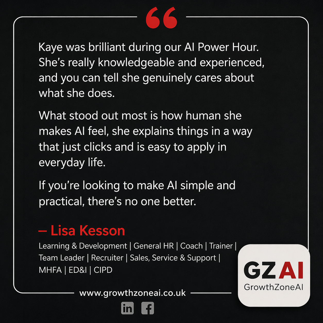Testimonial from Lisa Kesson, Learning & Development specialist for GrowthZone AI