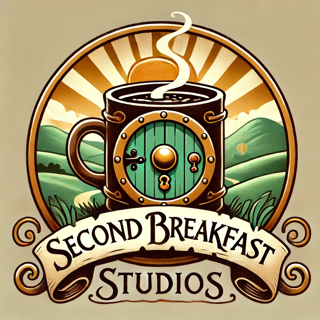 Second Breakfast Studios Logo - A coffee mug with a hobbit door design set against rolling hills