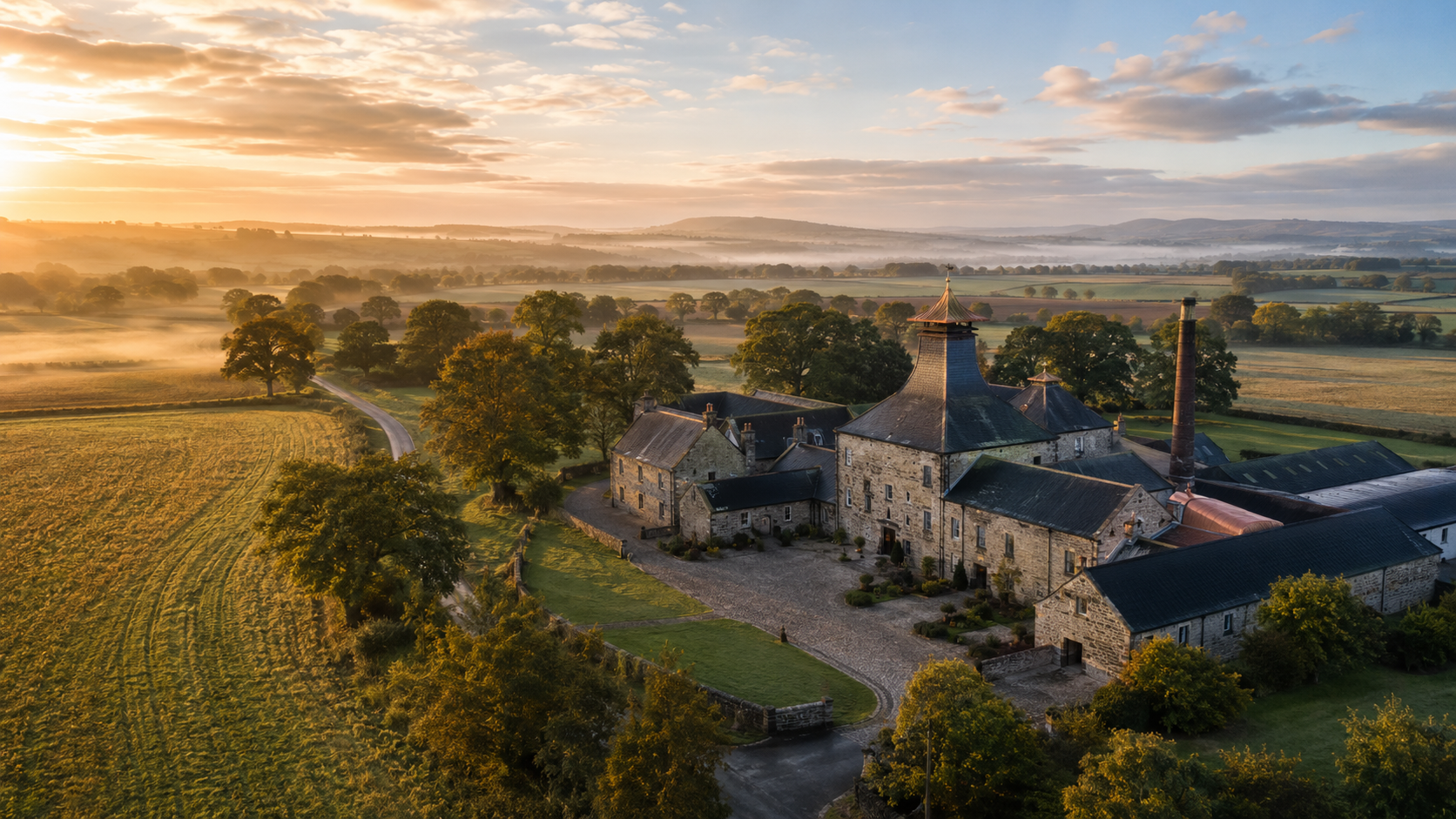 Aerial view of a traditional Scottish stone distillery at golden-hour sunrise