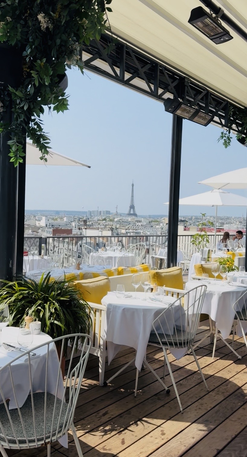 Rooftop lunch terrace in Paris with Eiffel Tower view