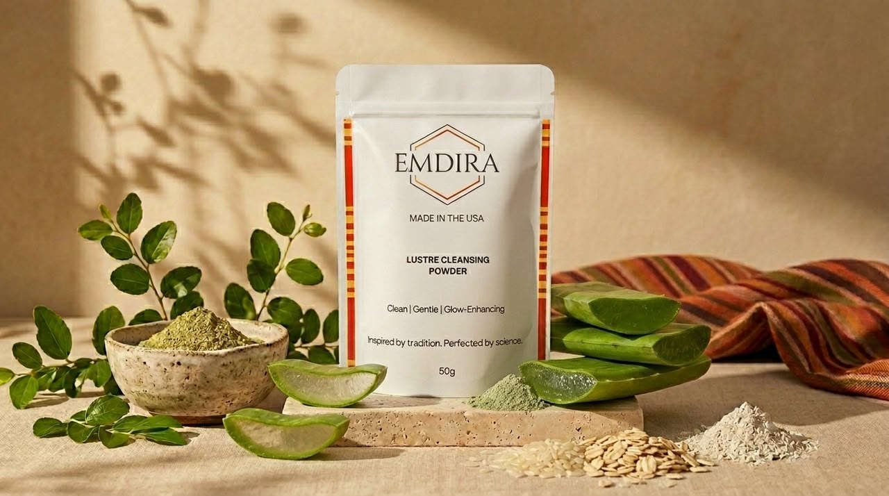 EMDIRA Lustre Cleansing Powder pouch with aloe and botanical powder