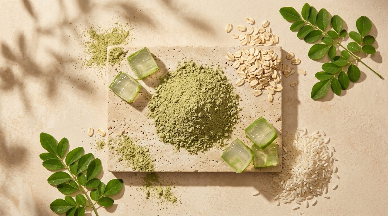 Lustre cleansing powder with aloe, oats, and rice