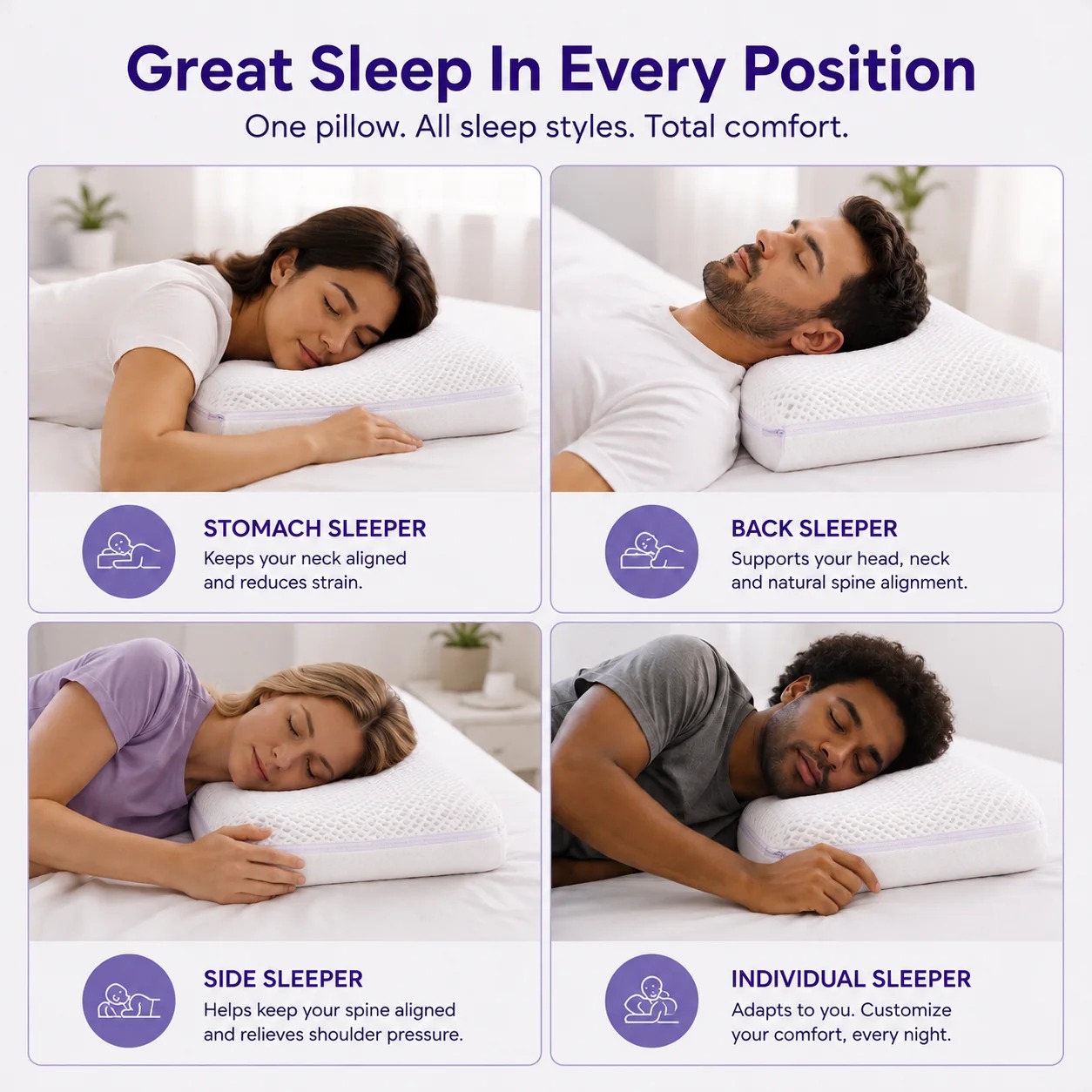 Cooling pillow supporting stomach, back, side, and individual sleepers