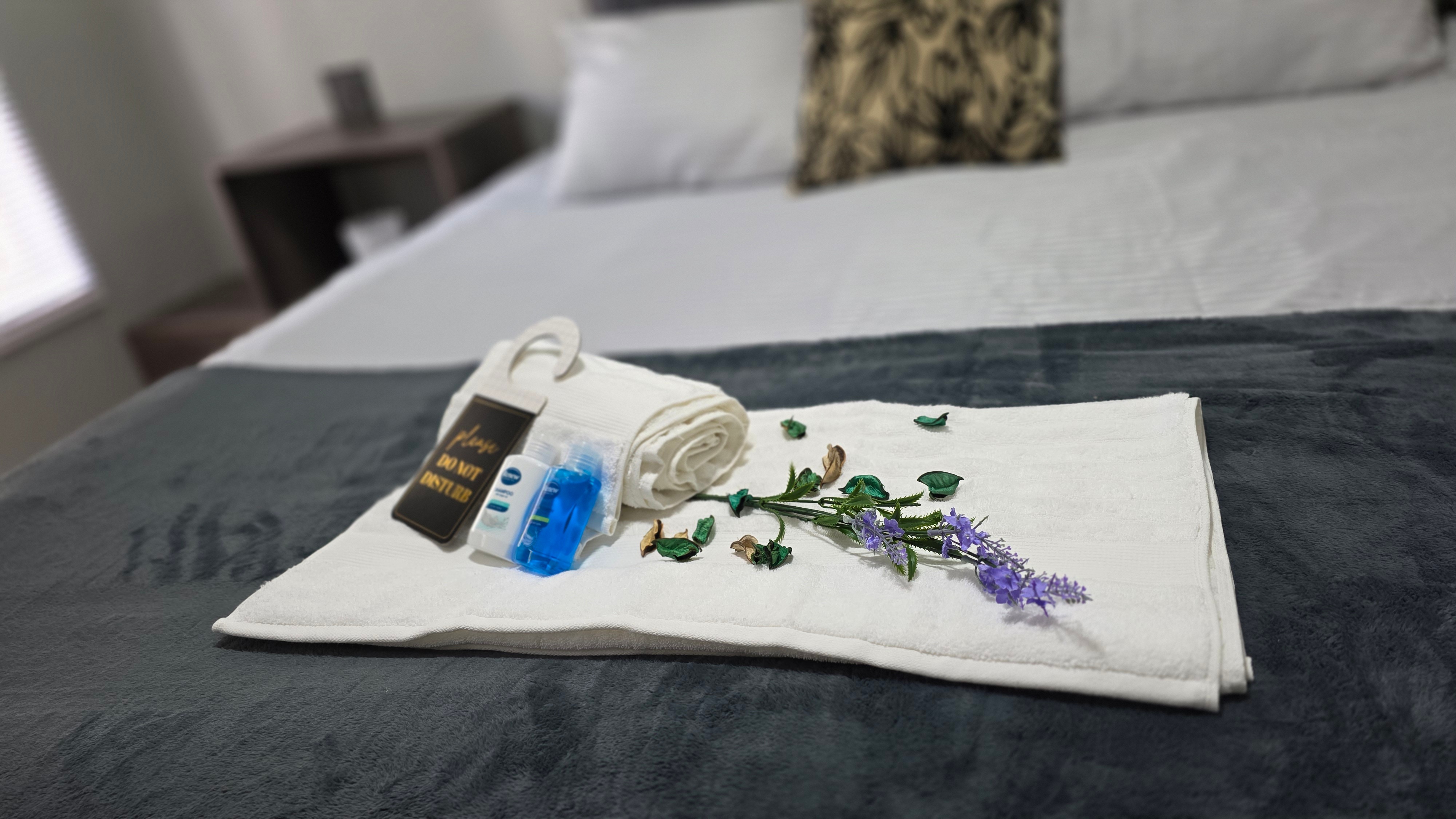 Welcome amenities with towels and toiletries