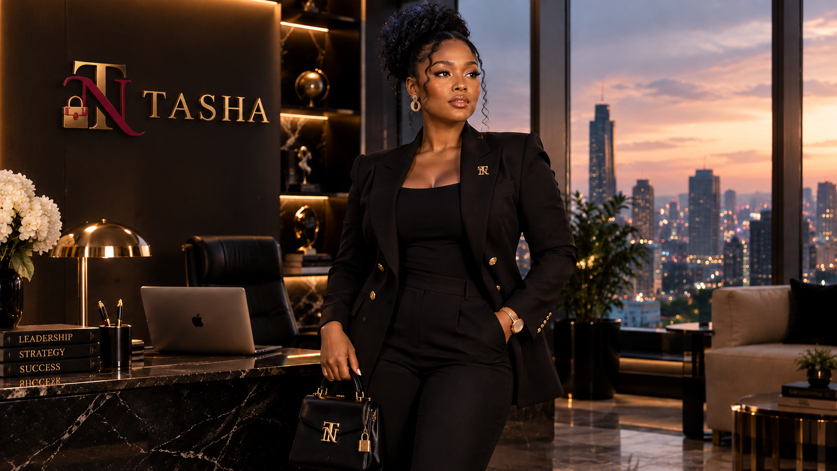TASHA woman in black tailoring in a polished executive office at sunset