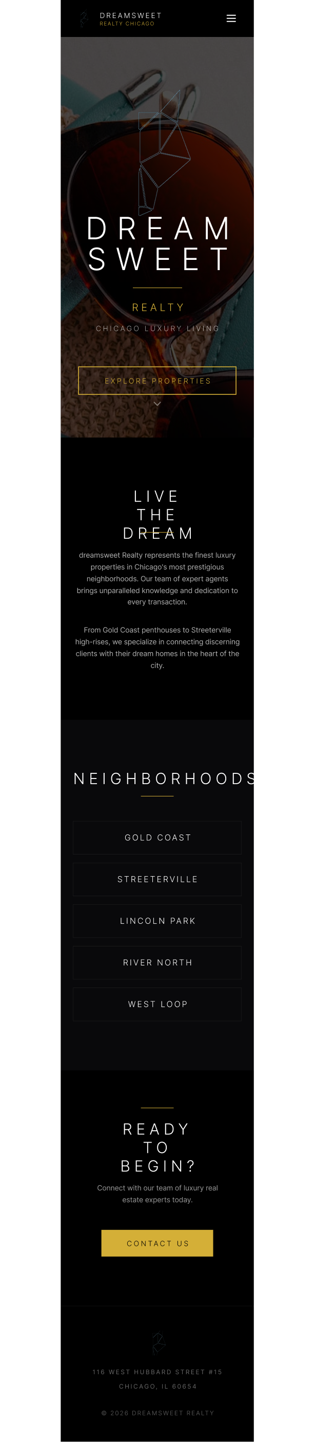 DreamSweet homepage with hero section, neighborhoods, and CTA