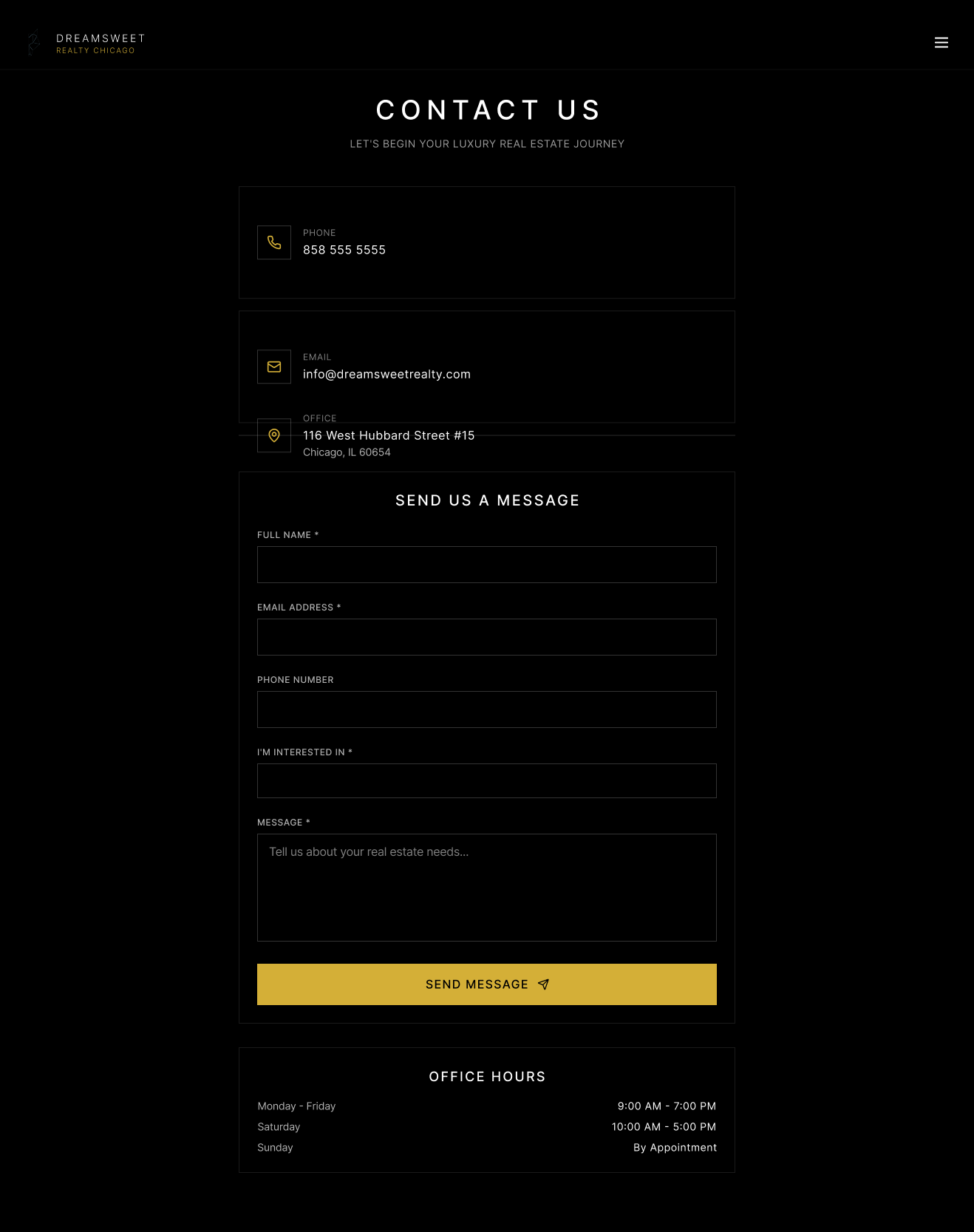 Contact page with form and office hours