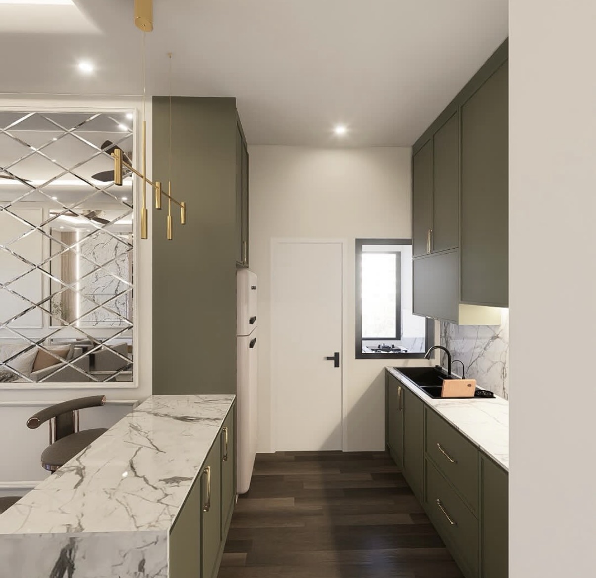 Modern kitchen with olive green cabinets and marble countertops