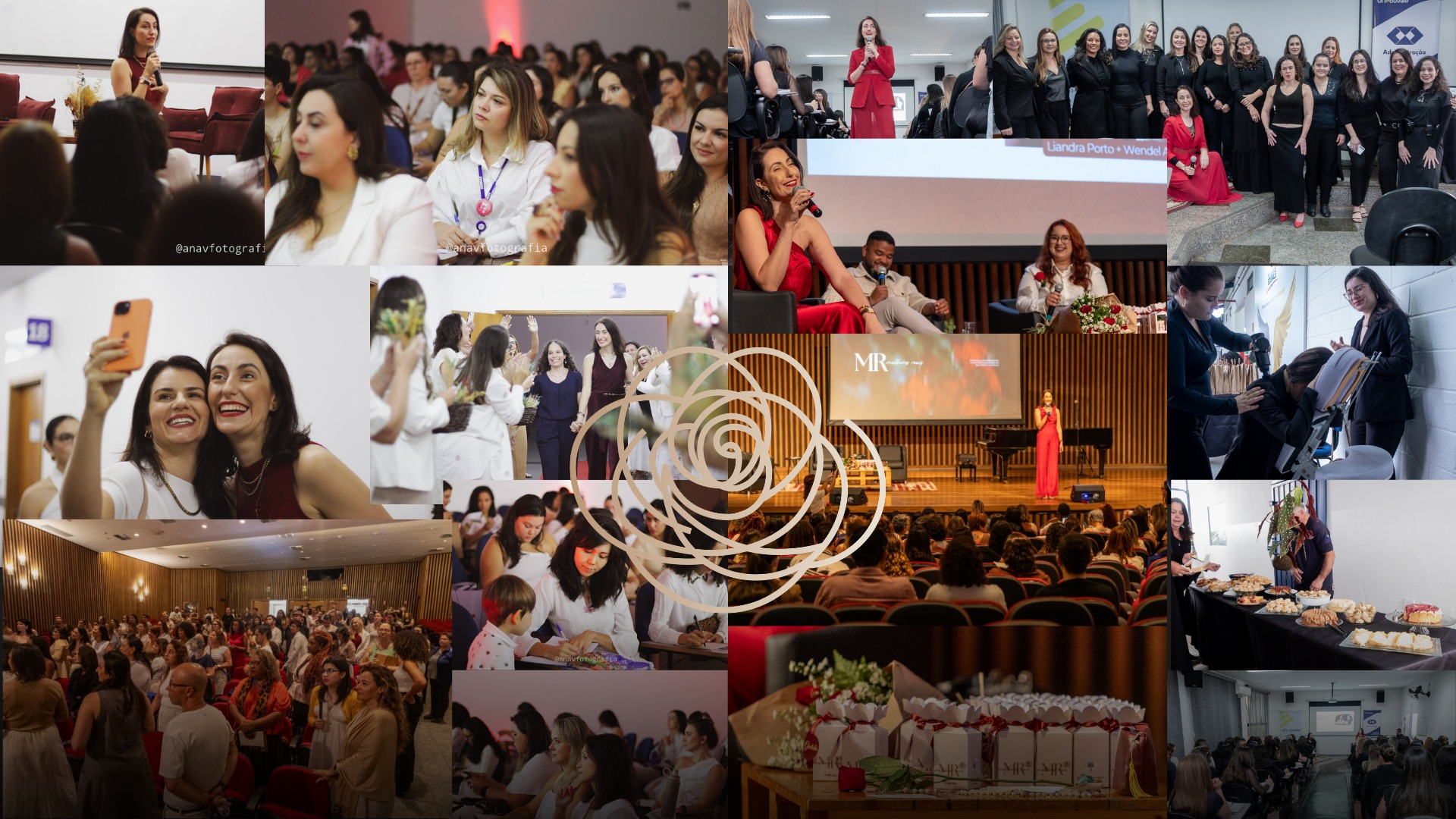 Collage de momentos das edições anteriores do Mulheres Reais - mulheres em palestras, networking, momentos de conexão e celebração