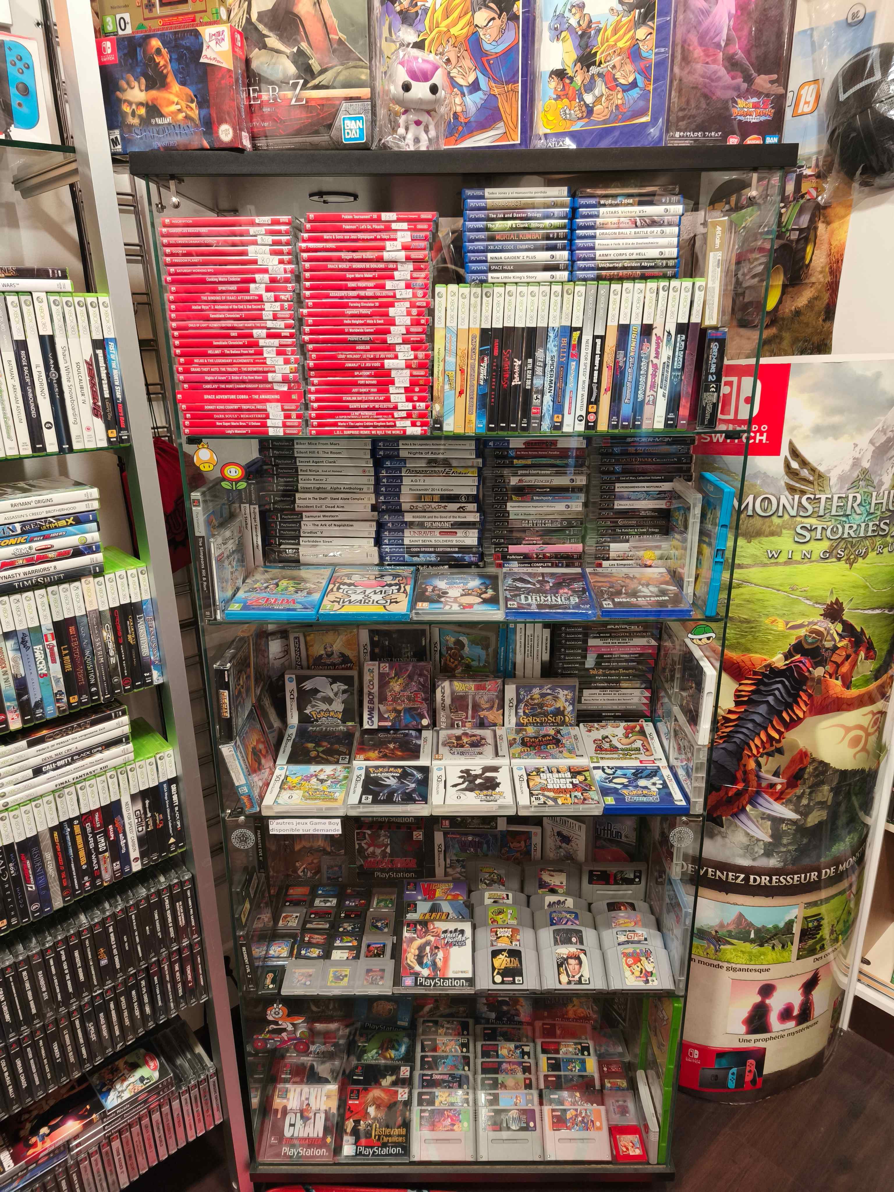 Vitrine jeux retro Game Boy Nintendo DS PSP PS Vita cartouches rares chez Game & Disc Montrichard