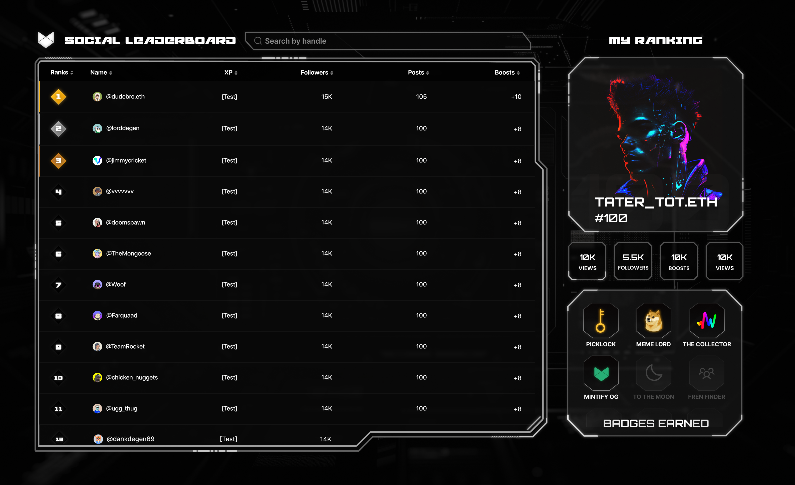 Mintify social leaderboard with neon cyberpunk styling