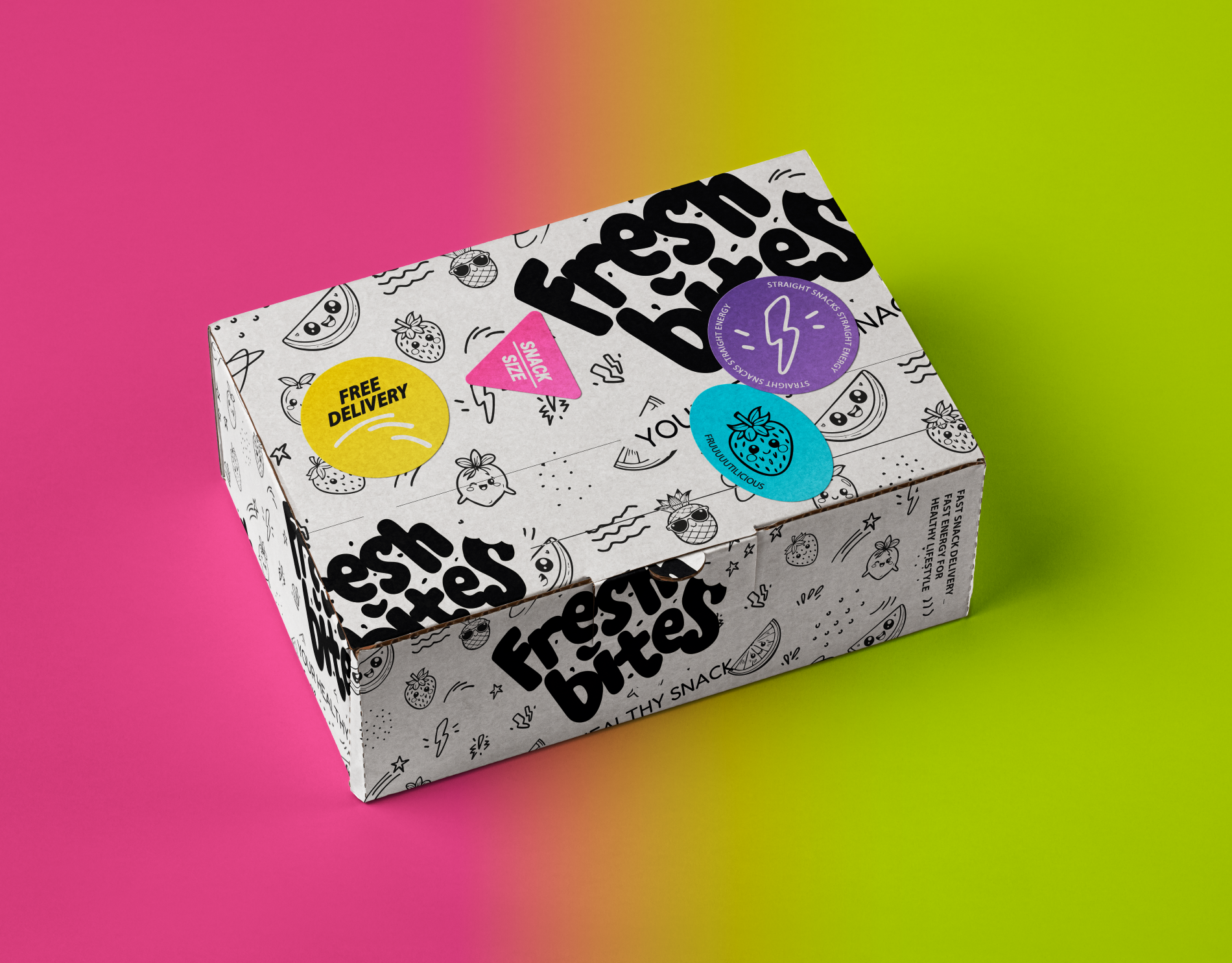 Fresh Bites Versandbox mit illustrativem Verpackungsdesign auf pink-grünem Hintergrund