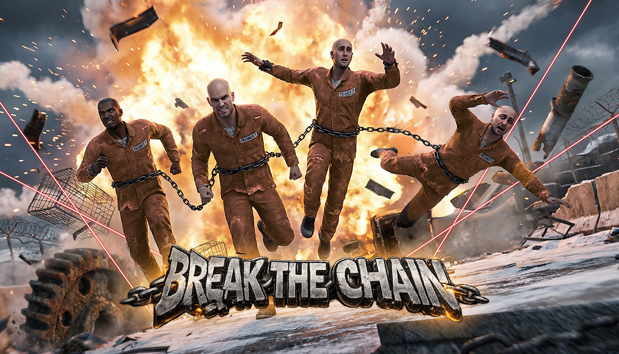 Break The Chain - Main game art showing four prisoners escaping