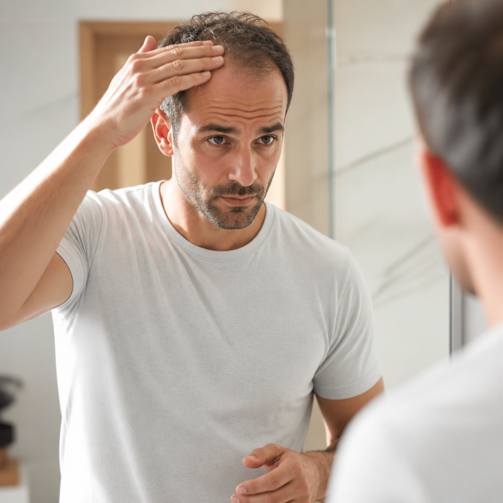 Homem olhando no espelho preocupado com perda de cabelo, transmitindo insegurança e impacto emocional