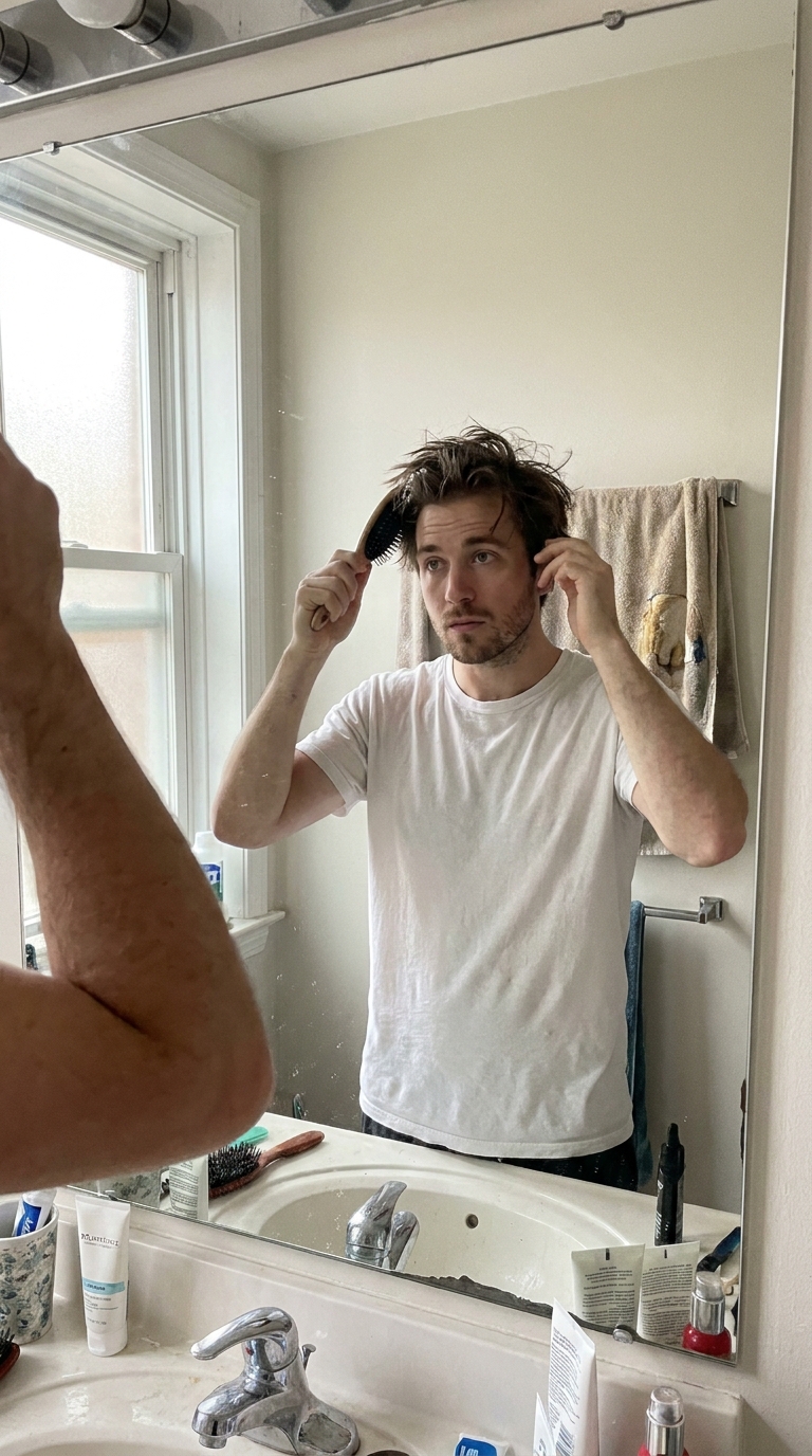 Jonas richtet seine Haare vor dem Badezimmerspiegel