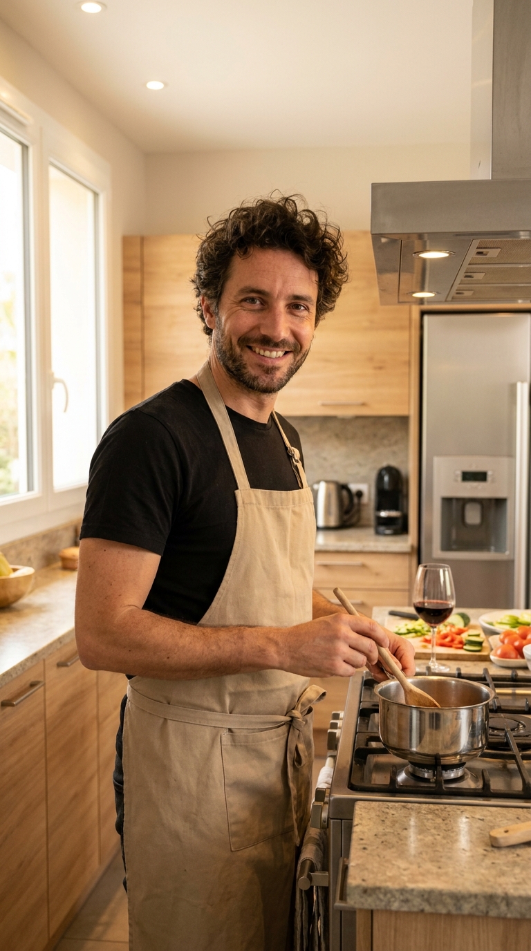 Luca lächelt beim Kochen in seiner Küche
