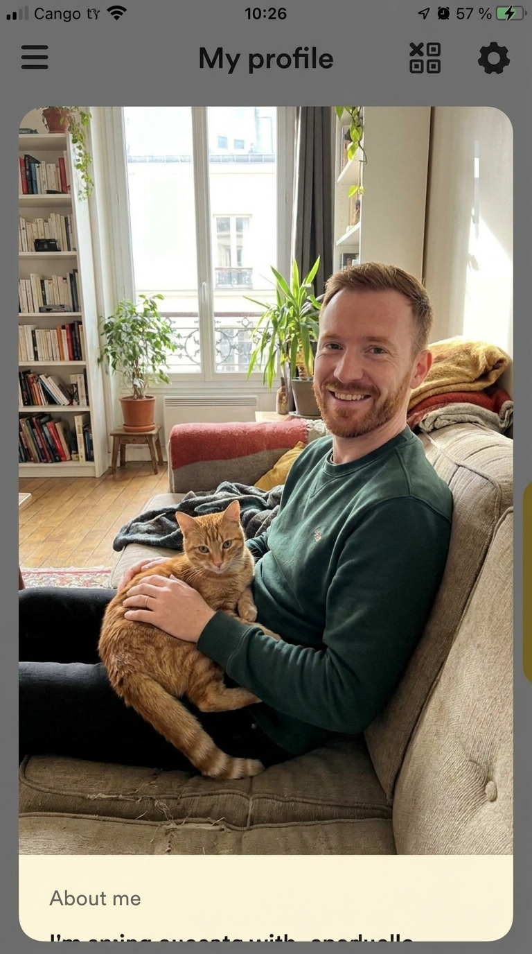 Jonas sitzt mit einer Katze auf dem Sofa