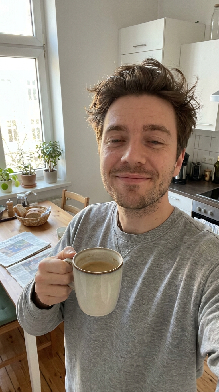 Luca lächelt mit einer Kaffeetasse in seiner Küche