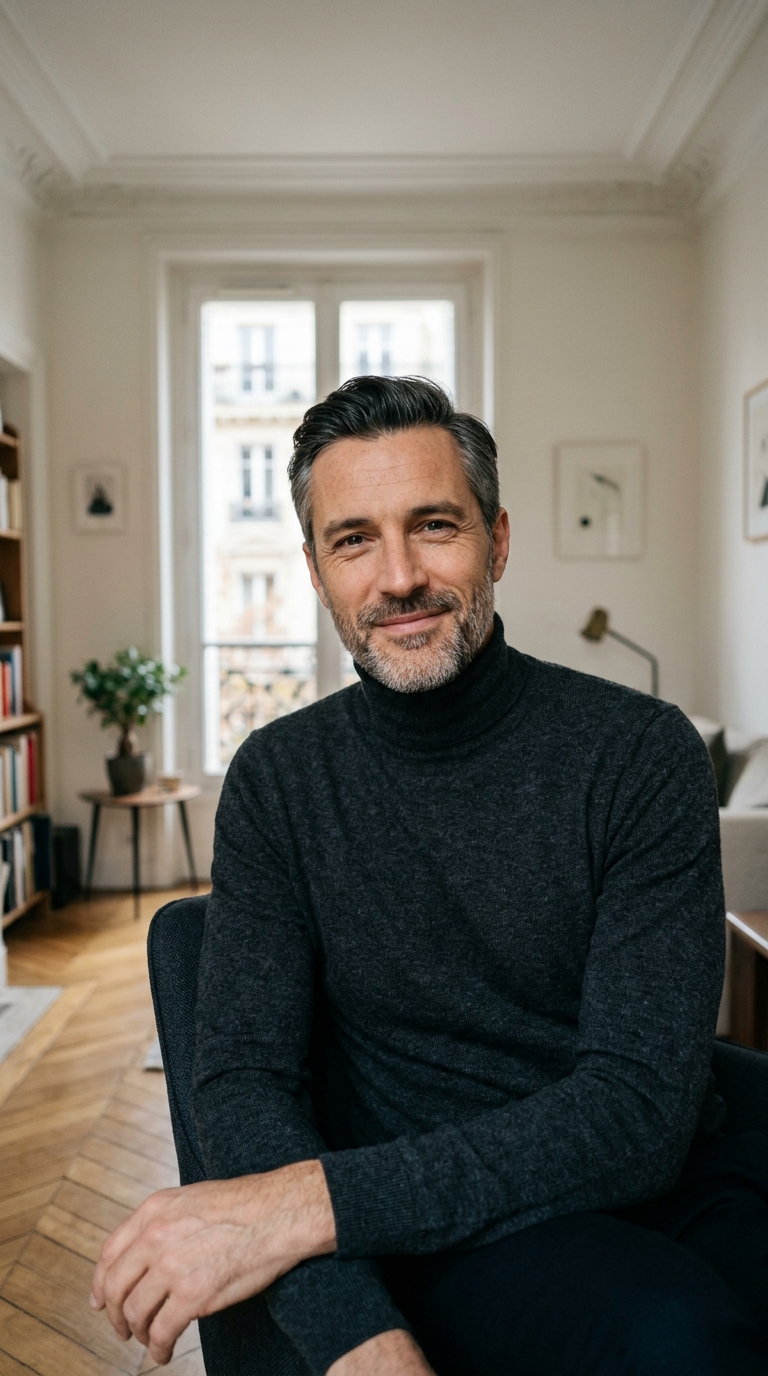 Chris sitzt in einem minimalistischen Wohnzimmer