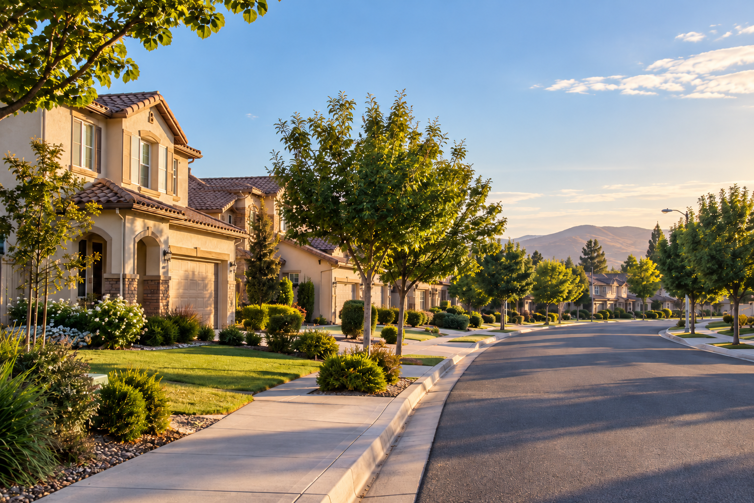 Residential neighborhood with stucco homes and tree-lined streets in California