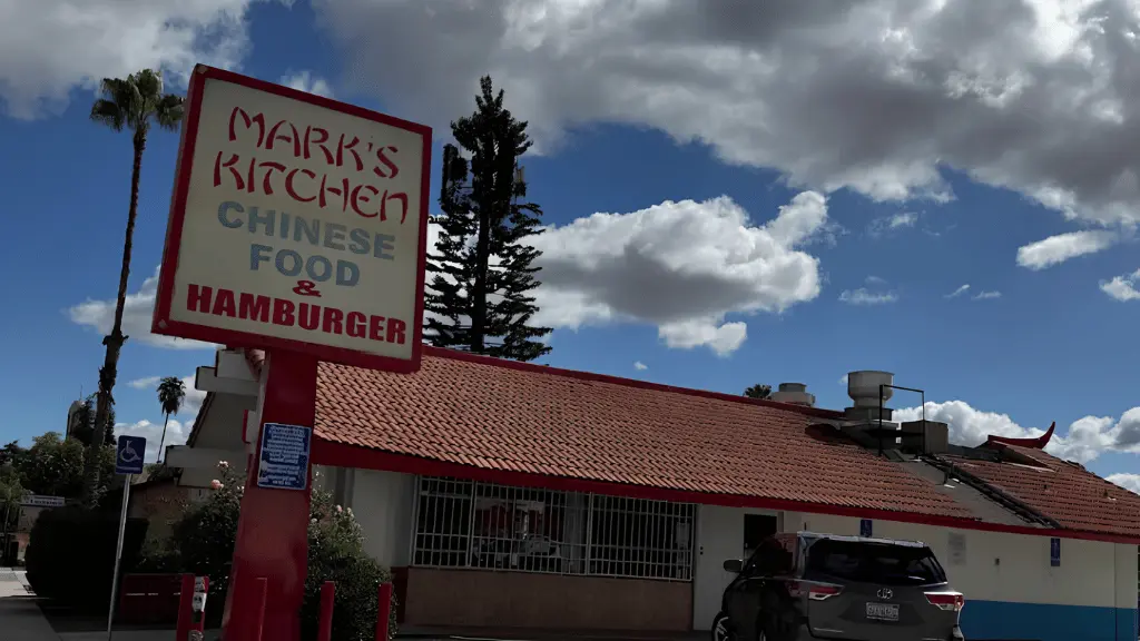 Mark's Kitchen storefront in Fresno, California with the iconic red and white signage on E Belmont Ave