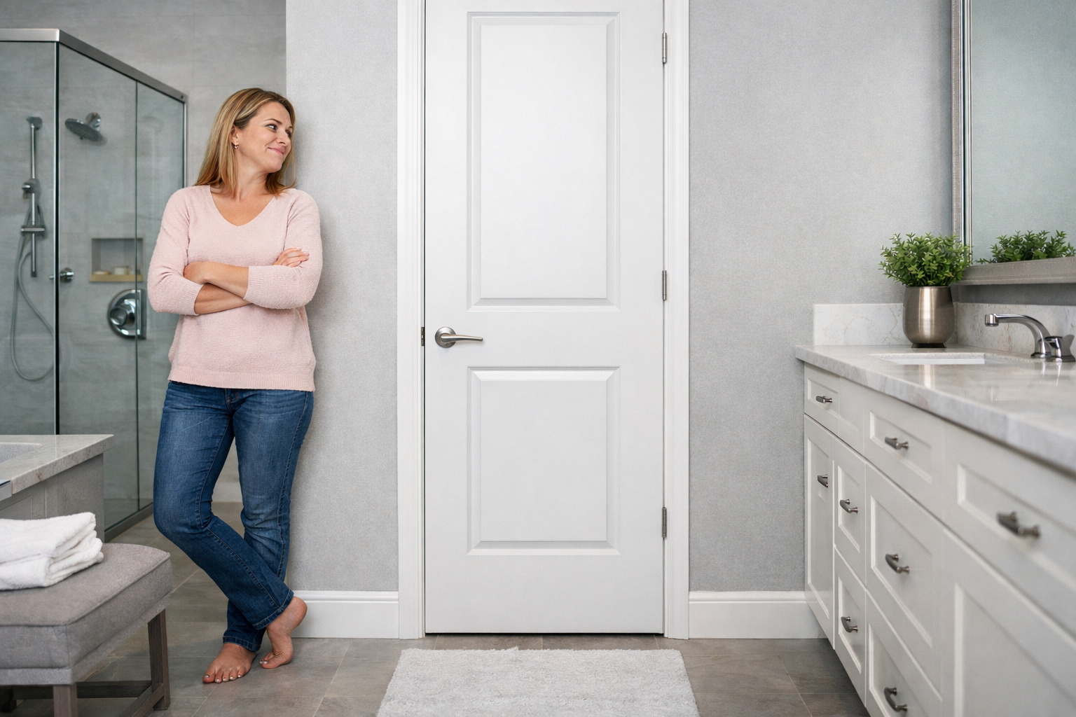 Woman leaning against the wall of a clean, modern gray-and-white bathroom with a glass shower and double vanity
